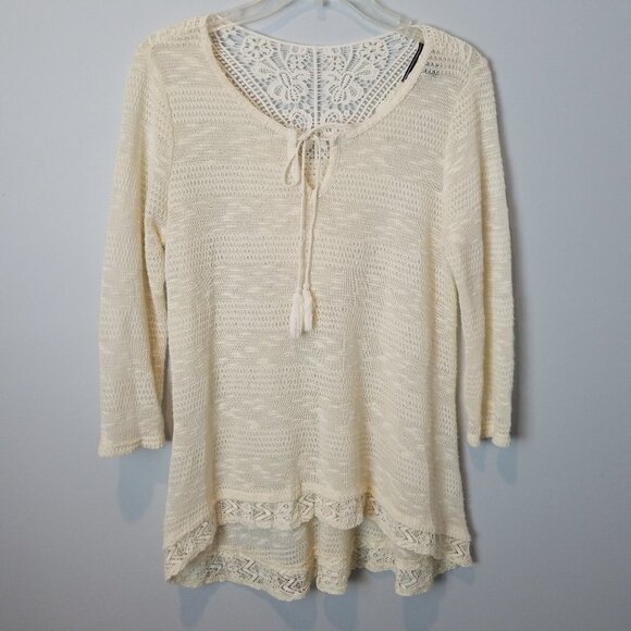 Cream Tie Front Blouse Boho Lace Trim 3/4 sleeves Small - Picture 1 of 5